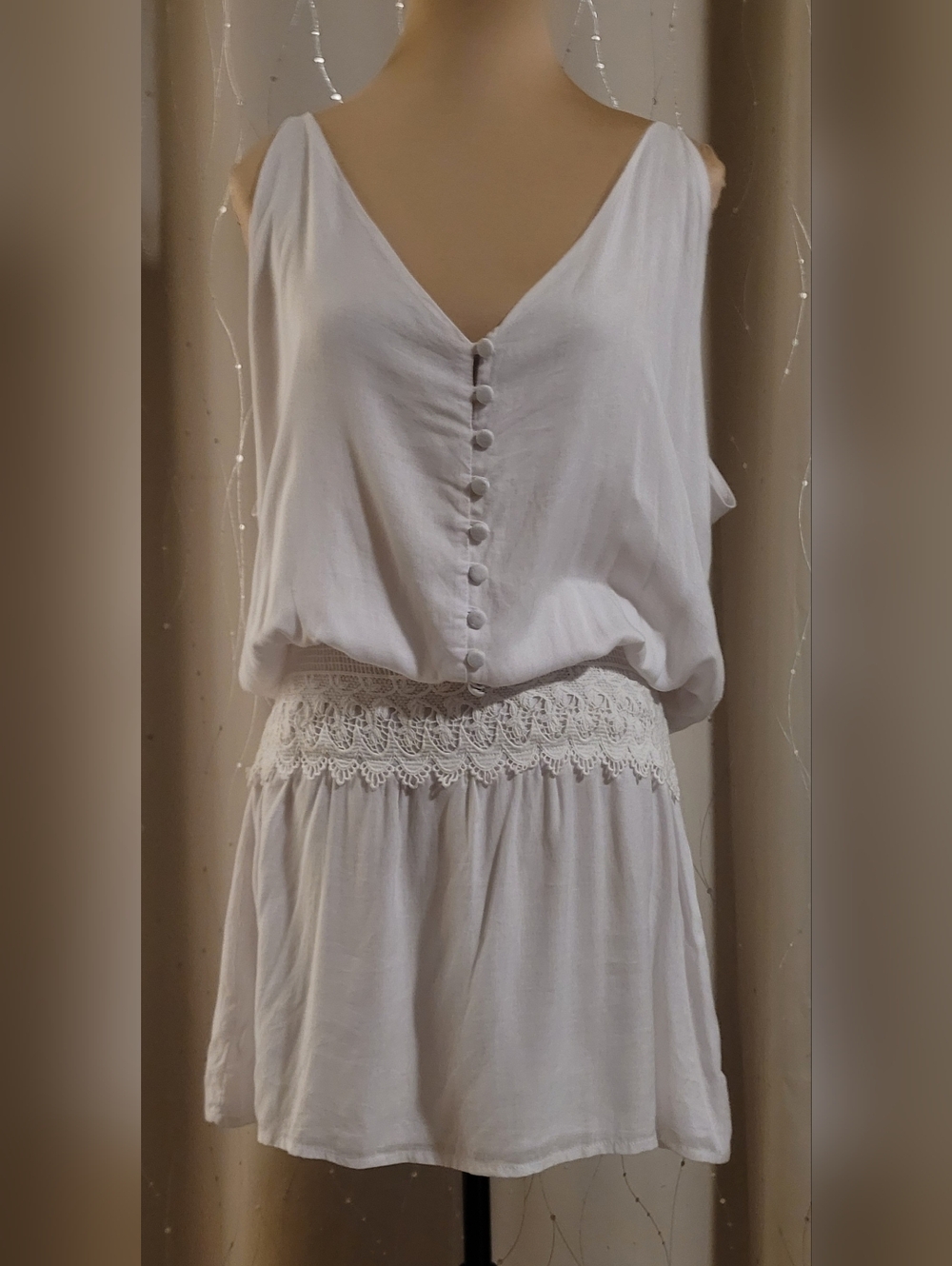 Tiare Hawaii White Lace Smocked Waist Plunging Back Mini Dress One Size